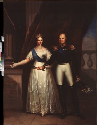 Porträtt av kejsar Alexander I (1777-1825), med hans fru (Elisabeth Alexeievna, född prinsessan Louise Augusta av Baden av School Russian