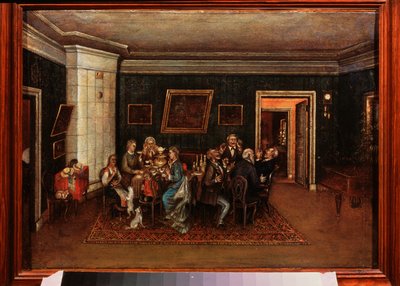 Kvällsmottagning. (Scen i det dagliga livet, familj och vänner är samlade runt middagsbordet). Målning av en rysk mästare, olja på duk, mitten av 1800-talet. Statens centrala litterära museum, Moskva. av School Russian