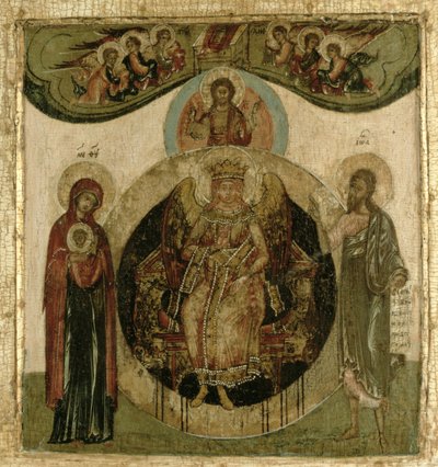 Rysk ikon av Sophia, den heliga visdomen, tronande i form av en eldigt bevingad ängel (panel) av School Russian