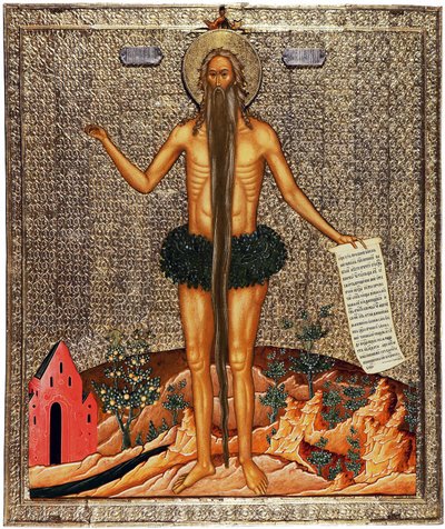 Saint Onuphrius (Saint Onuphrius). Onuphre the anchorite eller The Great (300-talet), munk då eremit i Egypten, han är traditionellt representerad med ett långt skägg och grenar som kläder. Anonymt verk från Moskva, tempera på trä, ca av School Russian