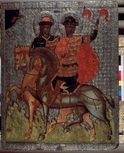 Saints Boris (eller Roman) och Gleb (eller David) på en häst (martyrer 1015) (Saints Boris and Gleb on Horseback). Yngre söner till Saint Vladimir, storprins av Kiev, de utmärktes alltid av sin fromhet, men vid sin fars död, den äldsta Svia av School Russian