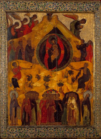 Församlingen av den ryska jungfruns ikon av 1560. Ryssland, Monastere Solonsky av School Russian