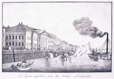 Engelska kajen, nära Senat-Dirigeant; Quai Anglais, nära Senat-Dirigeant, tidigt 1800-tal (litografi) av School Russian