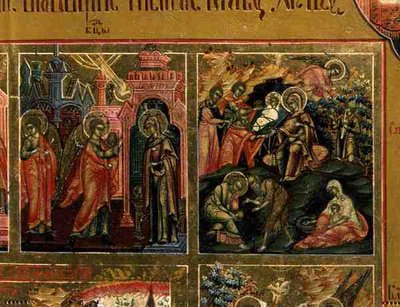 Uppståndelsen och nedstigningen till helvetet, detalj från The Margin of the Feasts som skildrar bebådelsen och födseln (tempera på panelen) av School Russian