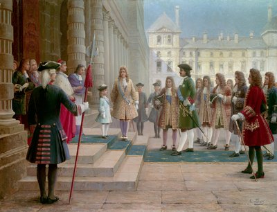 Tsar Pierre Le Grand (1672-1725) välkomnades av Louis XV barn i Versailles 1717 - Målning av Gorsky (1800-talet) av School Russian