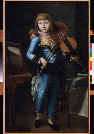 En ung violinist i blå kostym. Målning av en rysk mästare, olja på duk, ca 1790. Rysk konst från 1700-talet. Museum Palace Theatre Ostankino, Moskva. av School Russian