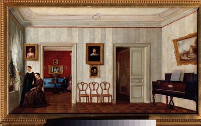 Ett litet rum med ett piano. (Och två kvinnor tittar ut genom fönstret). Målning av en rysk mästare, olja på duk, mitten av 1800-talet. Statens Tretjakovgalleri, Moskva. av School Russian