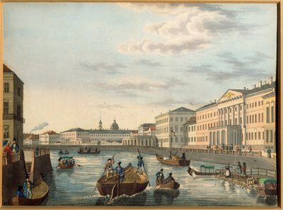 Utsikt över Fontanka-floden i Sankt Petersburg. Anonymt verk, Litografi, akvarellfärgad, ca 1820. Rysk konst av School Russian