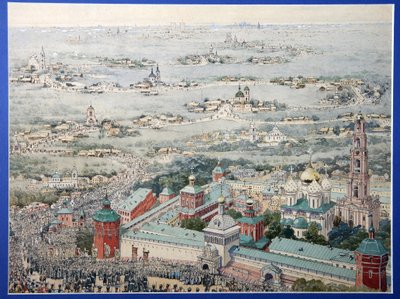Utsikt över klostret i treenigheten Lavra av Saint Sergius (Trinite-Saint-Serge) i Sergiev Posad med påskprocessionen från Moskva. (Utsikt över Treenigheten Lavra av Sergius i Sergiyev Posad med påskprocessionen från Moskva). Arbete av en mästare r av School Russian