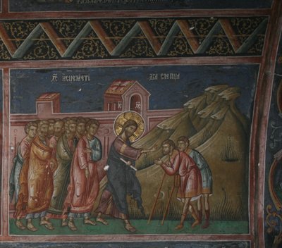 Jesus botar två blinda män, Patriarkatet av Peć (fresk) av School Serbian