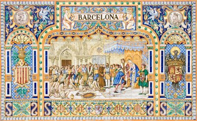 Christofer Columbus ankomst till Barcelona 1493 vid hovet hos kung Ferdinand II och drottning Isabella I av Kastilien (keramiska plattor) av School Spanish