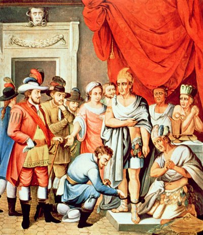 Hernan Cortes beordrar att bojor sätts på anklarna på Montezuma (färg litho) av School Spanish