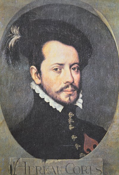Porträtt av Hernan Cortes (färg litho) av School Spanish