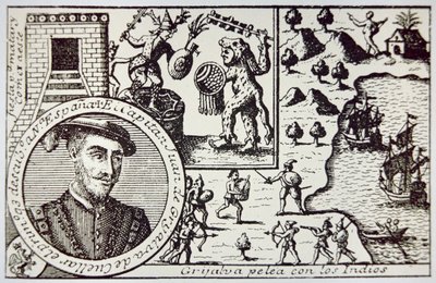 Spanjorer under Juan de Grijalva landar vid Yucatan och engagerar Maya-krigare i slaget vid Champoton, maj 1518 (litho) av School Spanish