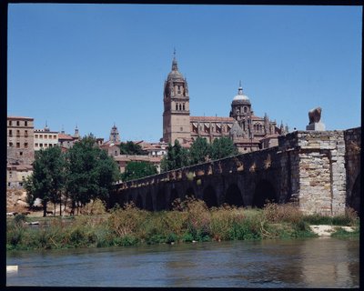 Vy över den romerska bron över floden, Tormes och katedralen av School Spanish
