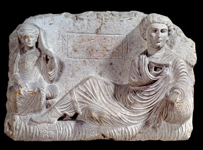 Begravningsrelief i kalksten av Taime och hans fru. från Palmyra. 200 e.Kr. Paris, Louvren av School Syrian