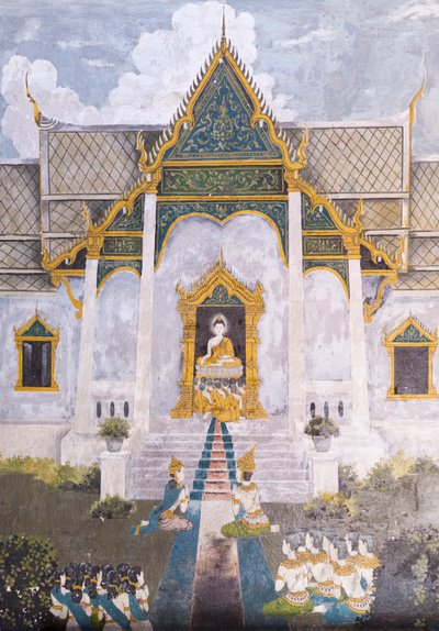 Freskomålning föreställande en scen ur Buddhas liv, Wat Phra That Doi Suthep-templet av School Thai