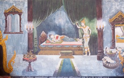 Freskomålning föreställande en scen ur Buddhas liv, Wat Phra That Doi Suthep-templet av School Thai