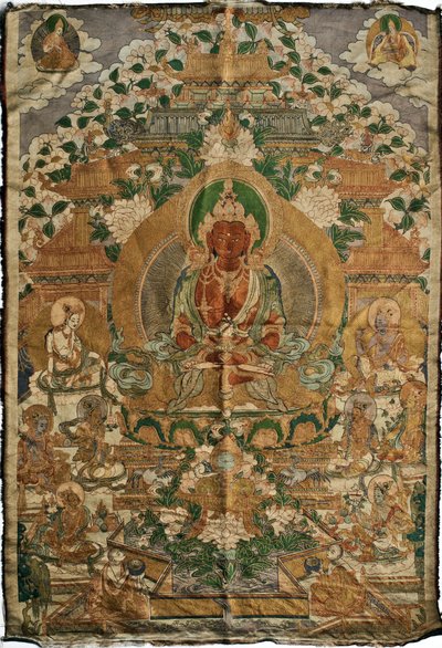 Amitabha (det rena landets buddha) - Tibetansk målning, pigment och guld på tyg, slutet av 1800-talet, 74x51 cm - (Amitayus Buddha Thangka, Tibetansk kultur, Pigment och guld på textil, Slutet av 1800-talet) - Privat samling av School Tibetan