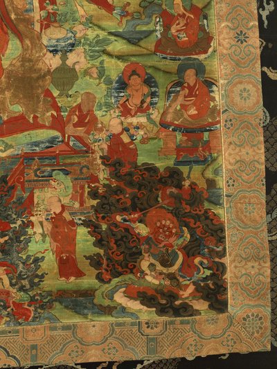 Detalj av tredje Panchen Lama Losan Penden Yeshe (gouache på tyg) av School Tibetan