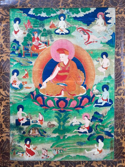 Lama Rjegrags Rtod Iha-pa-pad- dbang Graps med gloria och omgiven av många mahasiddha (yogis), levde i Indien och Tibet (600-1000-talet), Gouache på duk av School Tibetan