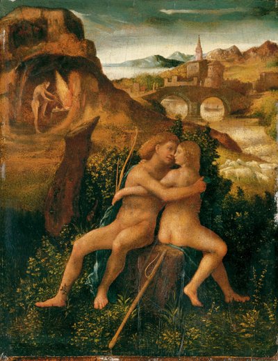 Venus och Mars i ett flodlandskap med Vulcan arbetande i sin smedja, ca 1500 (olja på panel) av School Venetian