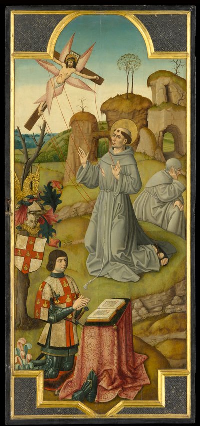 St Francis tar emot Stigmata; (verso) Kristus i Getsemane trädgård, cirka 1470 (olja på panel) av School of Amiens