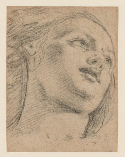 Kvinnlig huvudstudie tittar upp till höger (recto); Studie av två figurer som stödjer ett objekt (verso) av School of Guido Reni