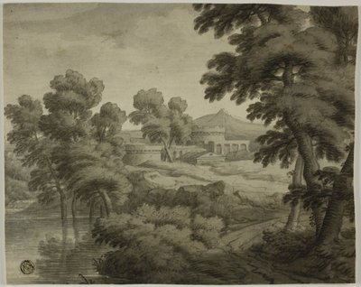 Italienskt landskap med slott, träd och vatten i förgrunden av School of Nicolas Poussin
