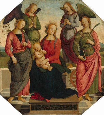 Madonna och barn med två änglar, Saint Rose och Saint Catherine of Alexandria av School of Perugino