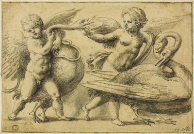 Putti leker med svanar av School of Raphael