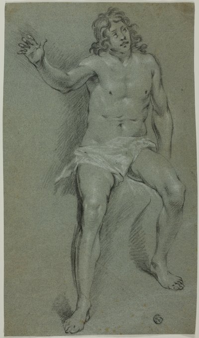 Sittande manlig nakenbild (recto); skisser av hand och pojkhuvud (verso) av School of Rembrandt van Rijn