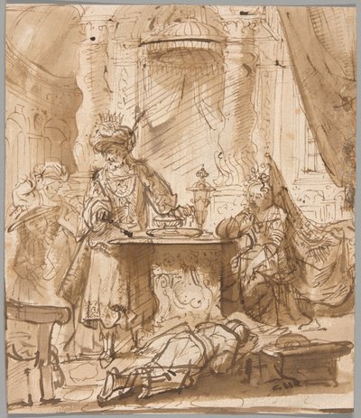 Hamans förnedring inför Ahasveros och Ester av School of Rembrandt van Rijn
