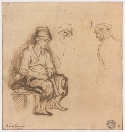 Kvinna som sitter på bänk och tre skisser av huvuden av School of Rembrandt van Rijn
