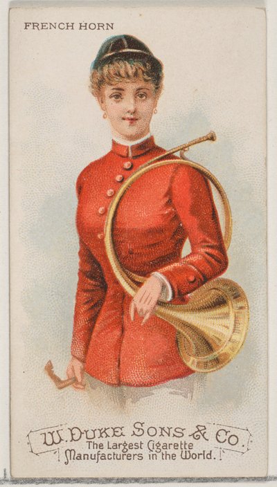 Fransk horn, från musikinstrumentserien N82 för cigaretter av märket Duke, 1888., 1888. av Schumacher and Ettlinger