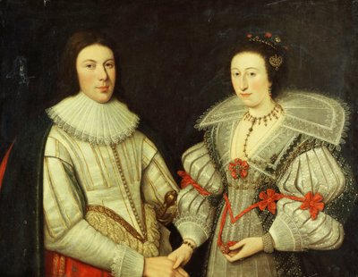 Ett gruppporträtt av en gentleman, halvlångt, i en vit dubblett och ruff, och hans fru, i en vit och grön klänning, solfjäderformad krage och guldhalsband, av Scottish School