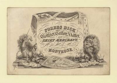 Annons för Forbes Dick, clothier; skräddare, hattmakare och skjorthandlare, Montrose, Forfarshire, Skottland (gravyr) av Scottish School