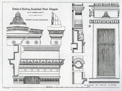 Arkitektoniska detaljer för Grecian Chambers, 336-356 Sauchiehall Street, Glasgow, designad av Alexander Greek Thomson, 1869 av Scottish School