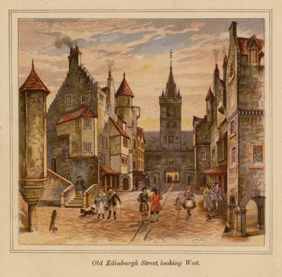 Old Edinburgh Street mot väster (färglitografi) av Scottish School