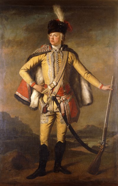 Porträtt av John Lindsay, 20:e Earl of Crawford och Lindsay, full längd, i Hussar Uniform, med en Flintlock Musket, a Landscape beyond, c.1745 av Scottish School