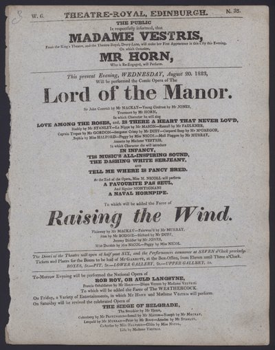 Teaterprogram för Theatre Royal, Edinburgh, 20 augusti 1823 (litho) av Scottish School