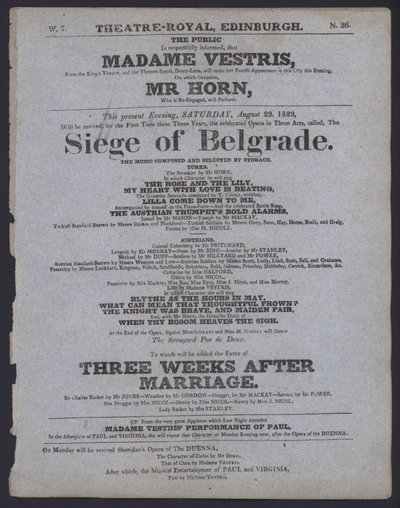 Teaterprogram för Theatre Royal, Edinburgh, 23 augusti 1823 (litho) av Scottish School