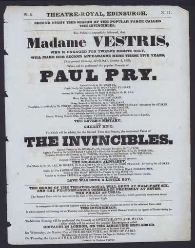 Teaterprogram för Theatre Royal, Edinburgh, 5 oktober 1829 (litho) av Scottish School