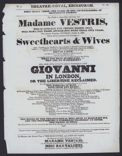 Teaterprogram för Theatre Royal, Edinburgh, 6 oktober 1829 (litho) av Scottish School