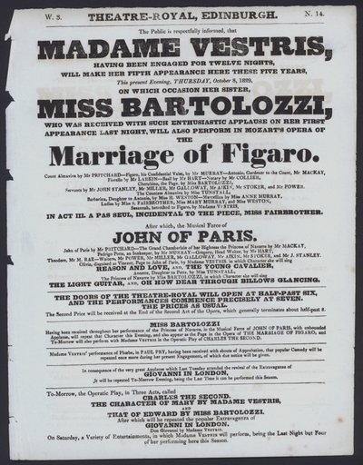 Teaterprogram för Theatre Royal, Edinburgh, 8 oktober 1829 (litho) av Scottish School