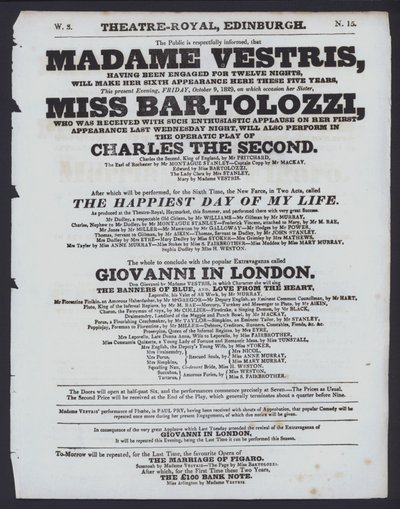 Teaterprogram för Theatre Royal, Edinburgh, 9 oktober 1829 (litho) av Scottish School