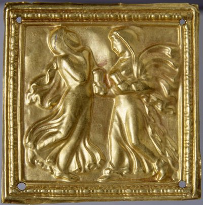Art des steppes - skytisk konst : Fyrkantig plakett med dansare. Guld, storlek: H 4,7, 300-talet f.Kr., Eremitaget, St. Petersburg av Scythian