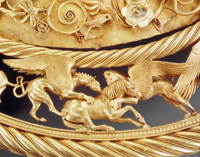 Griffiner attackerar en häst, detalj från en guldpectoral från Tovsta Mohyla, Skytien, 400-talet f.Kr. av Scythian