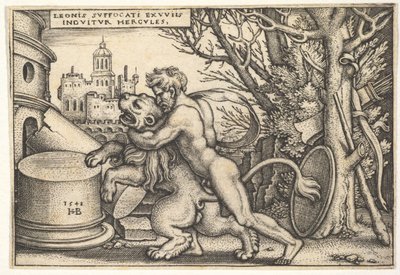 Hercules, i profil, dödar det Nemeiska lejonet med armen runt dess hals, från 