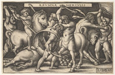Hercules med sin klubba i mitten kämpar mot en kentaur, andra män kämpar mot kentaurer till vänster..., 1542. av Sebald Beham